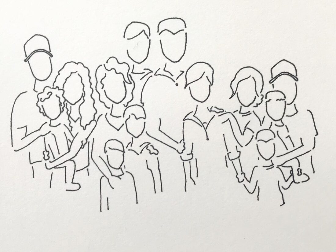 Single-line drawing of a whole family grouped together