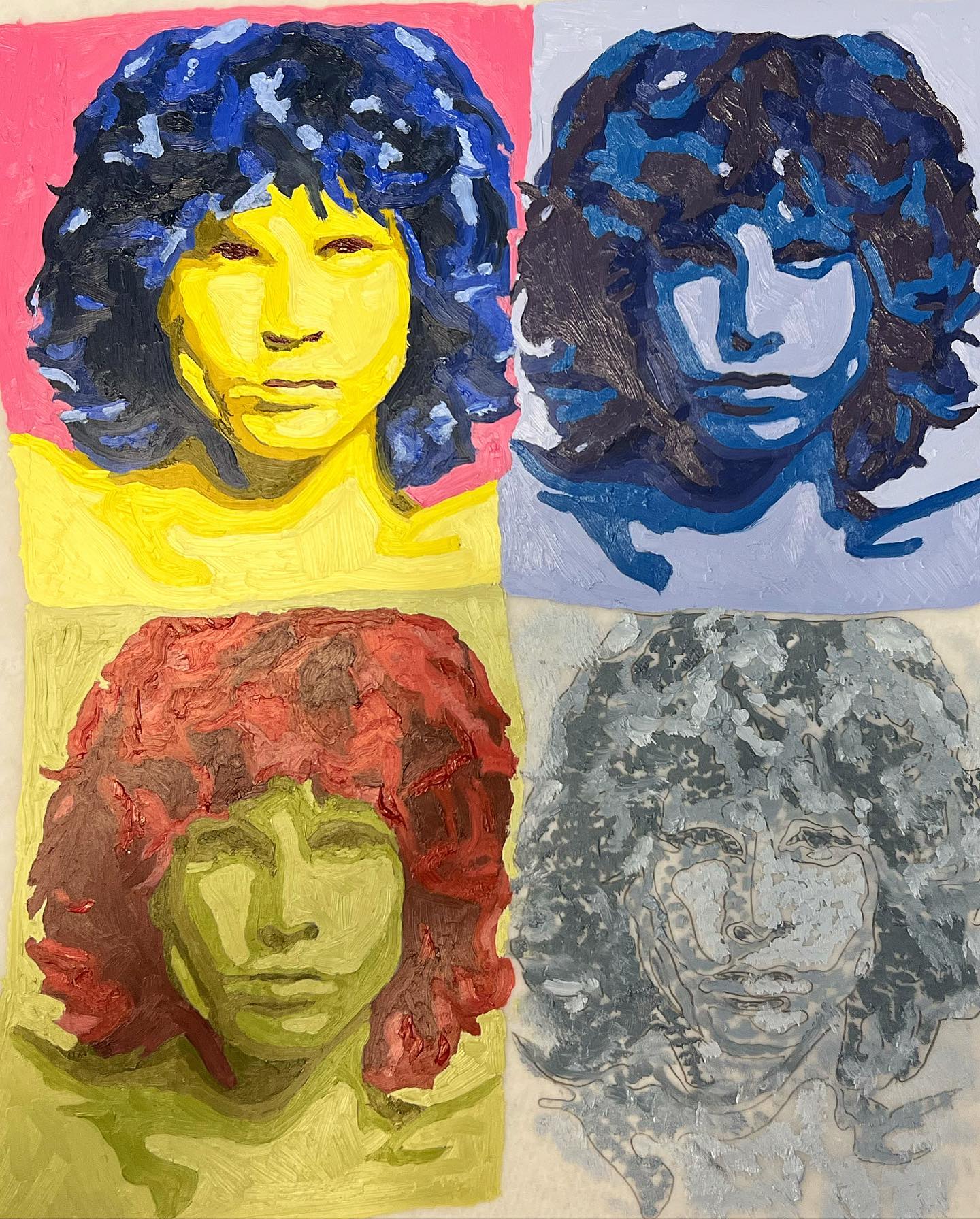 Four panel painted portrait in yellow, blue, red and gray